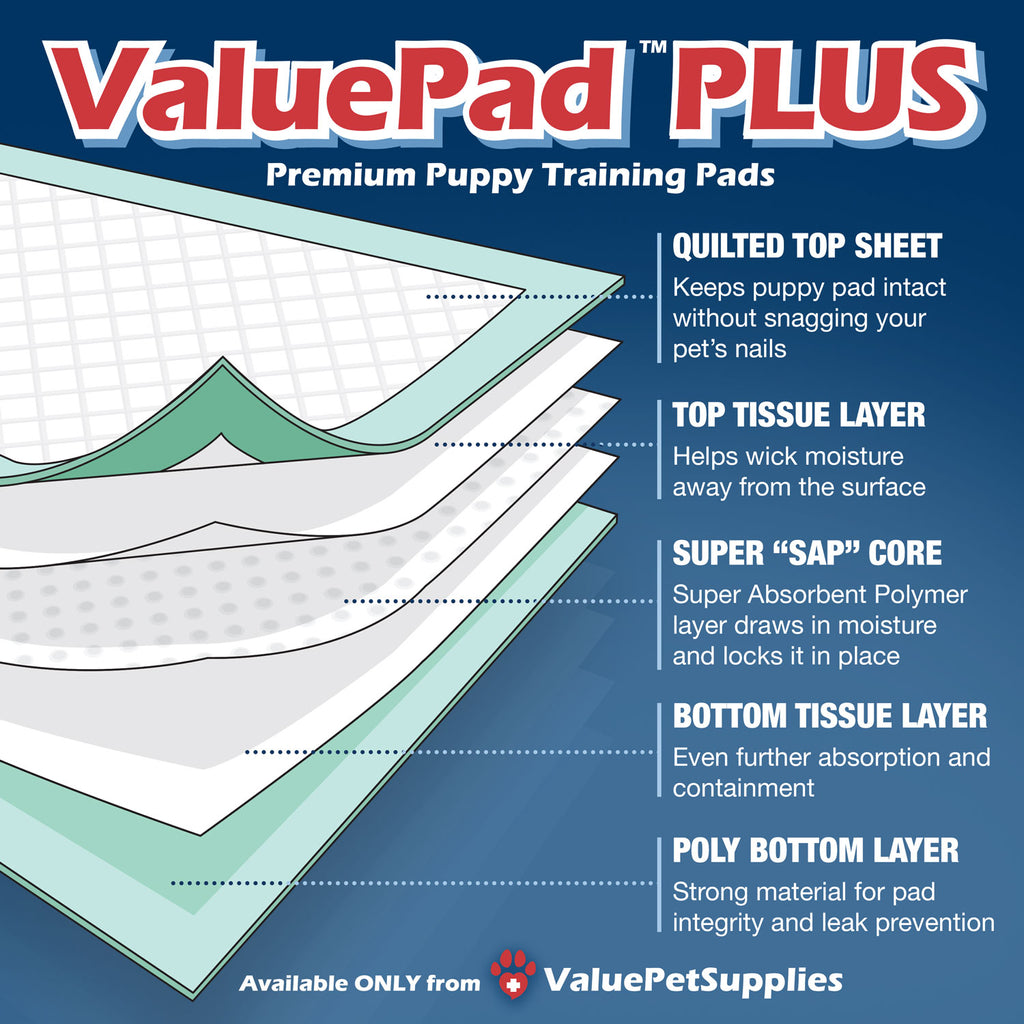 ValuePad Plus Puppy Pads, Large 28x30 Inch, 150 Count - Premium Pee Pads for Dogs, Tear Resistant, Super Absorbent Polymer Gel Core, 5-Layer Design 